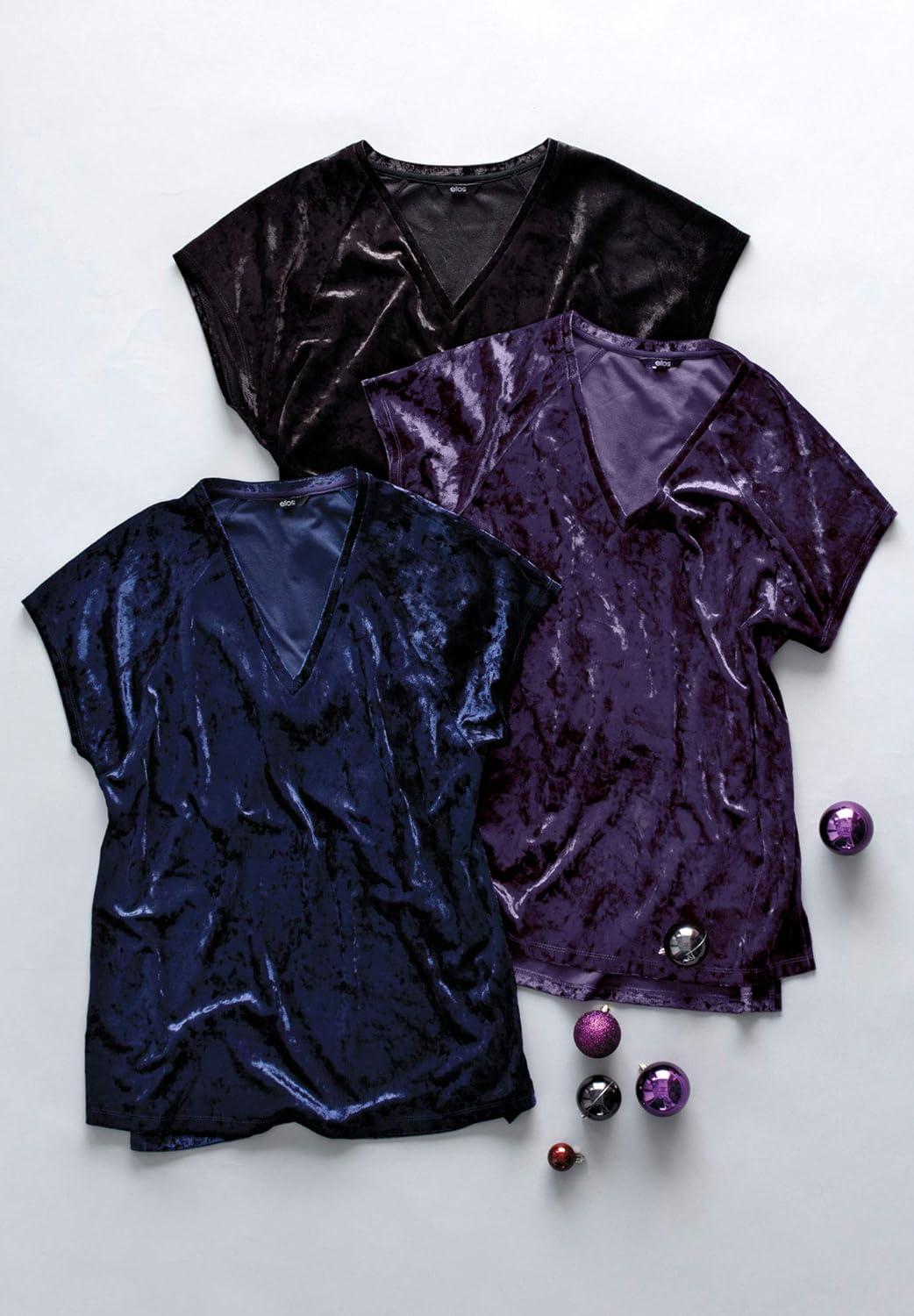 image:imageellos Plus Size Stretch Crushed Velour VNeck Short Sleeve TeeMidnight Violet