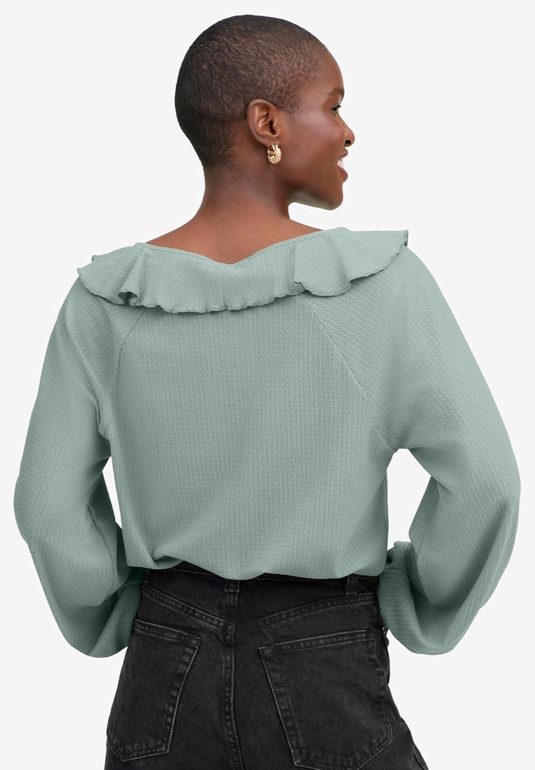 image:imageellos Plus Size Stretch Textured Knit VNeck Ruffle Front TopGrey Spruce