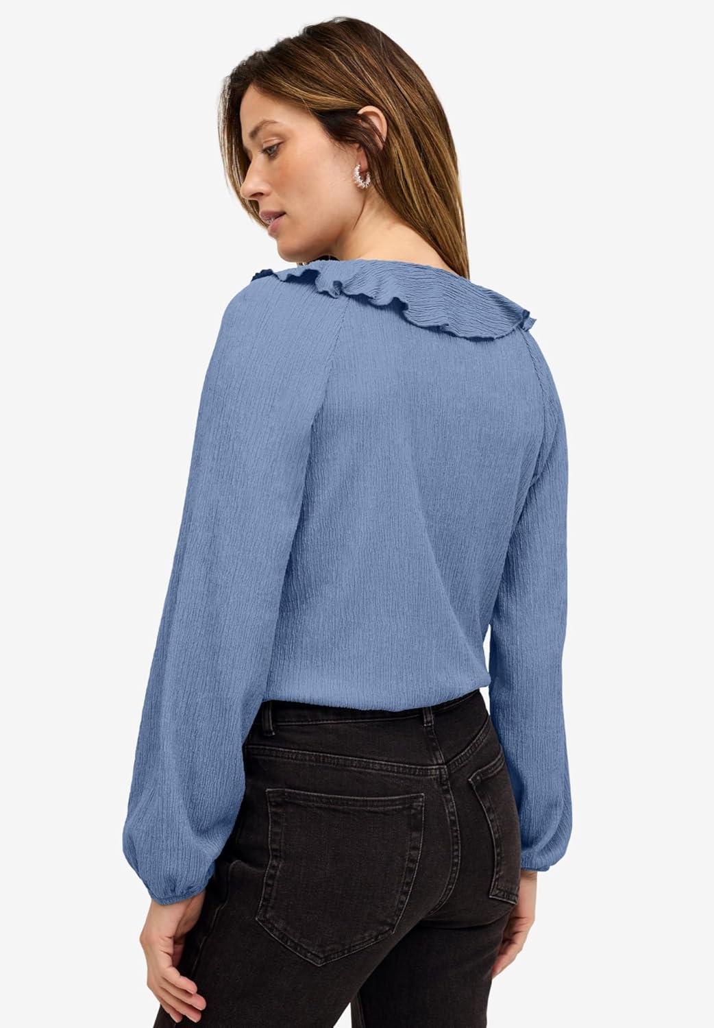 image:imageellos Plus Size Stretch Textured Knit VNeck Ruffle Front TopPale Indigo