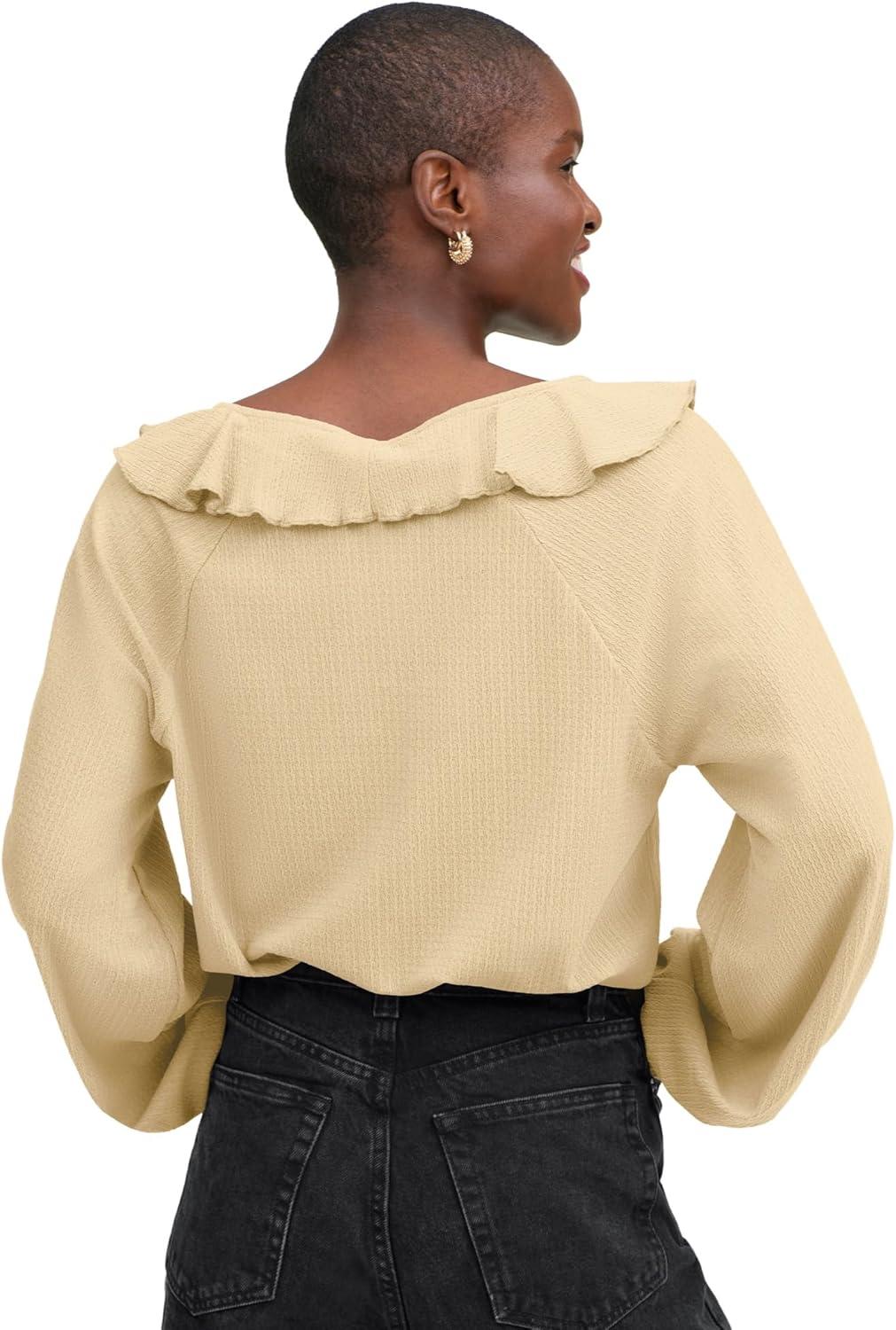 image:imageellos Plus Size Stretch Textured Knit VNeck Ruffle Front TopSoft Butter