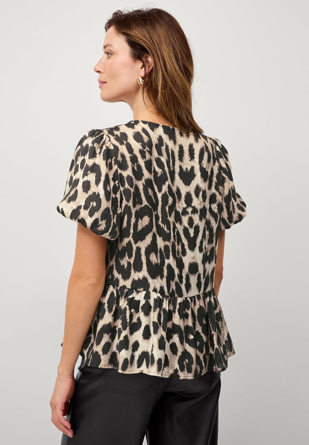 image:imageellos Plus Size VNeck Flounce Hem Blouson Sleeve BlouseBeige Black Leopard