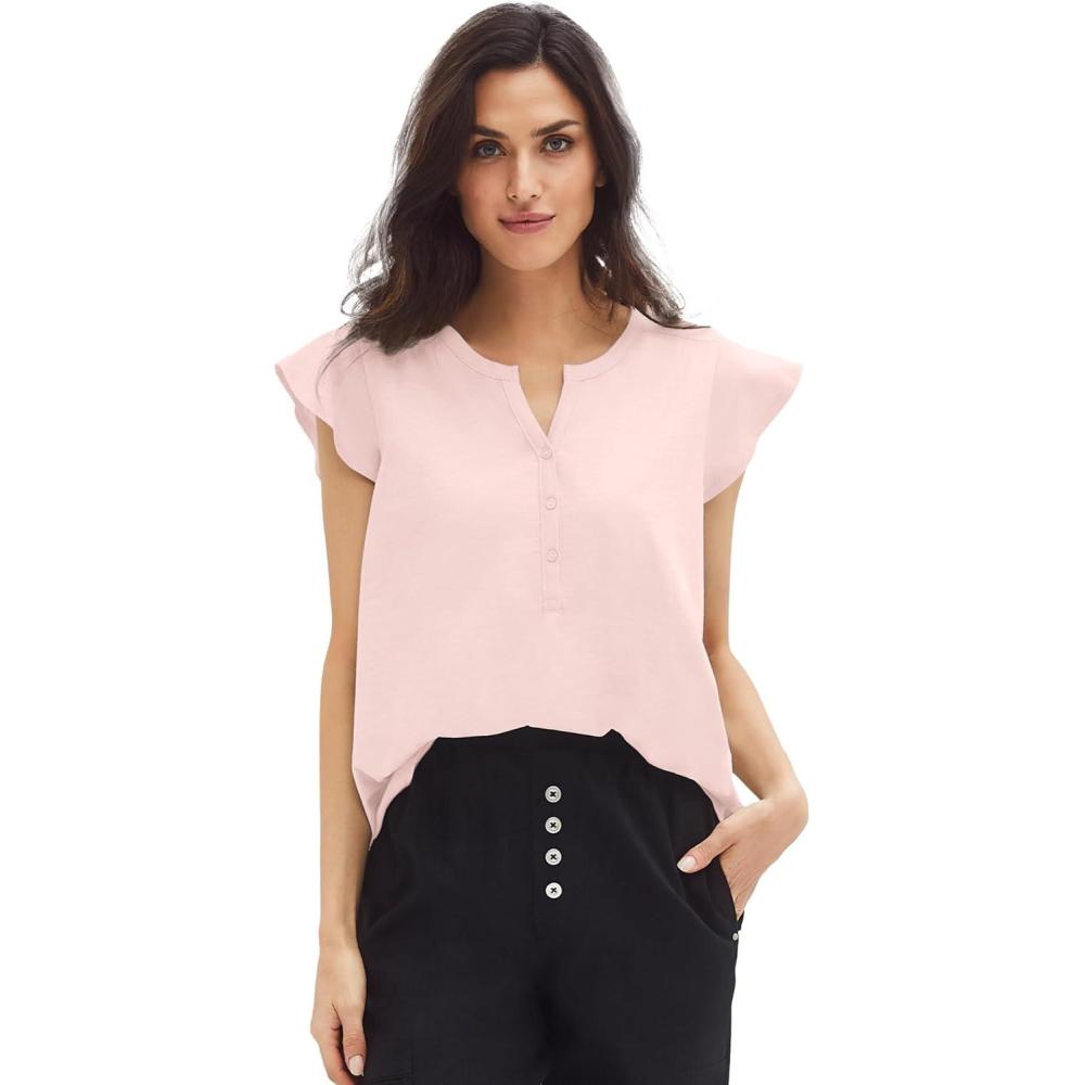 image:imageEllos Plus Size Cap Sleeve Henley TeeSandy Pink