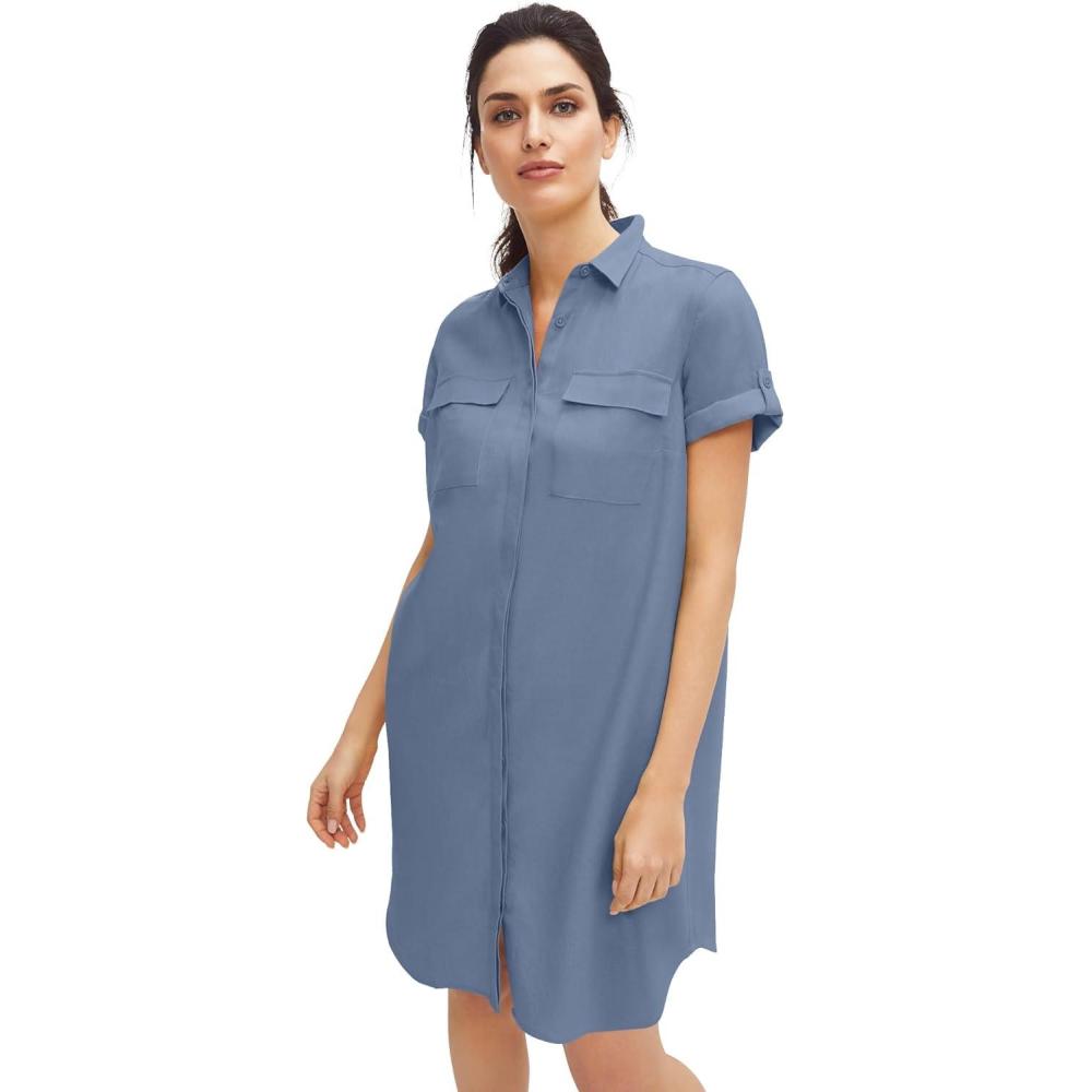 image:imageellos Plus Size Button Front Linen ShirtdressPale Indigo