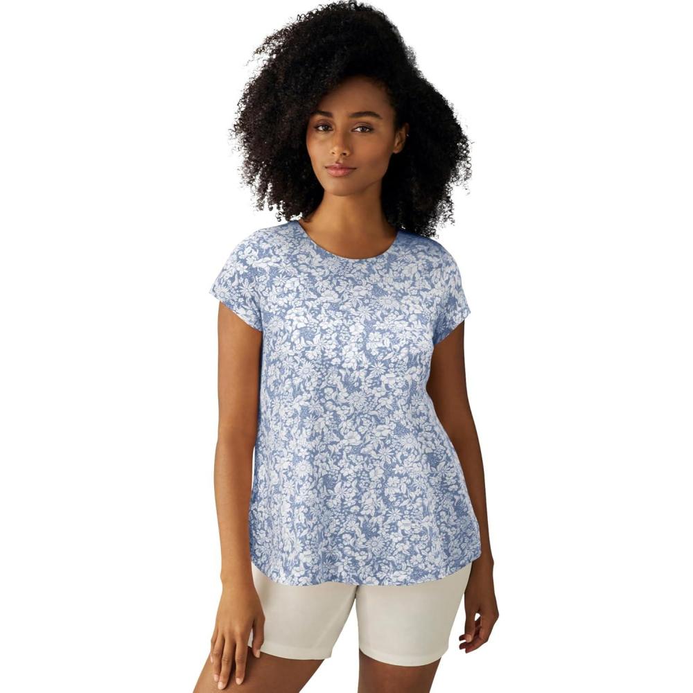 image:imageellos Plus Size Cotton Jersey Slub Cap Sleeve Trapeze TeePale Indigo White Floral