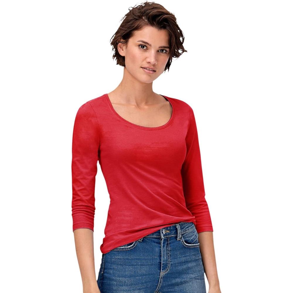 image:imageellos Plus Size Cotton Spandex Scoop Neck 34 Sleeve TeeChili Red