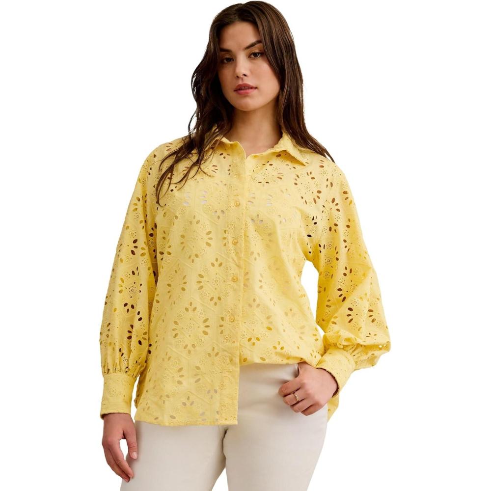 image:imageellos Plus Size Eyelet Button Front Shirt with Blouson SleevesButter