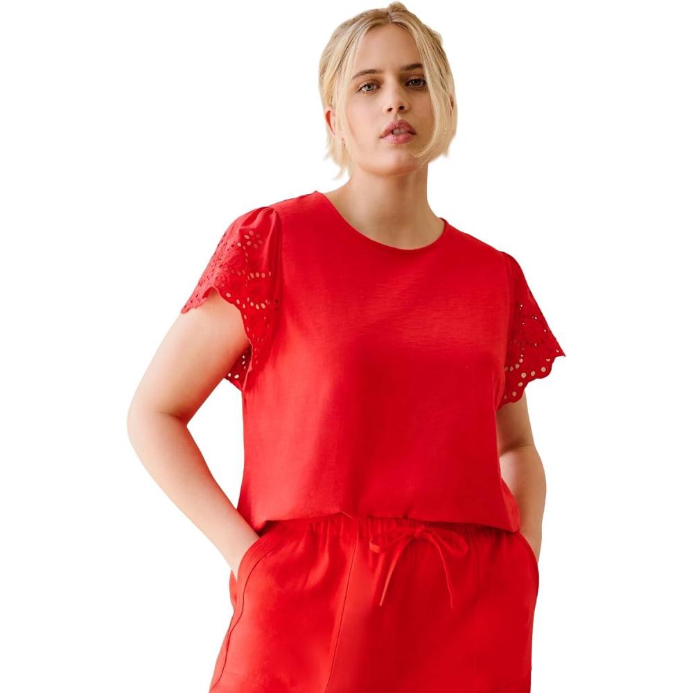 image:imageellos Plus Size Eyelet Cap Sleeve TeeHot Red