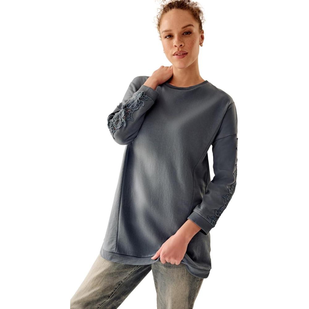 image:imageellos Plus Size French Terry Lace Trim Sweatshirt Tunic 1012 Vintage Blue
