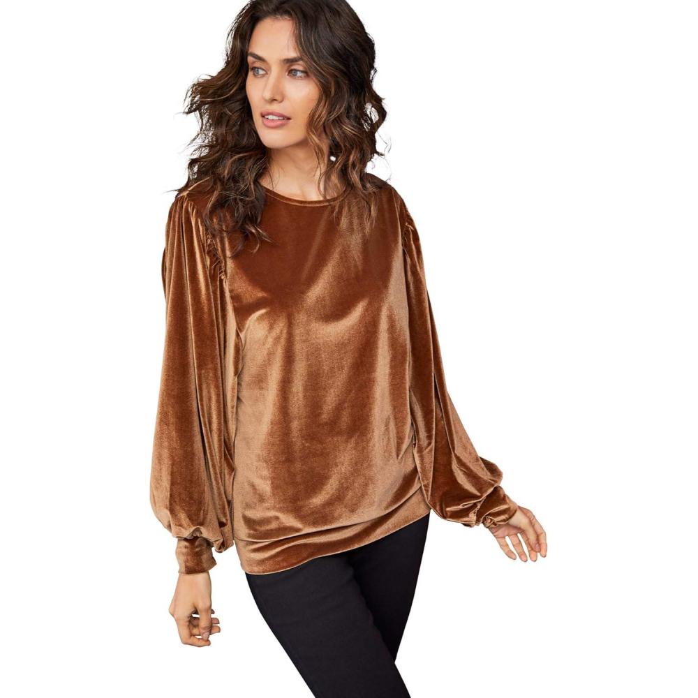 image:imageellos Plus Size Full Sleeve Velour TopPecan Brown