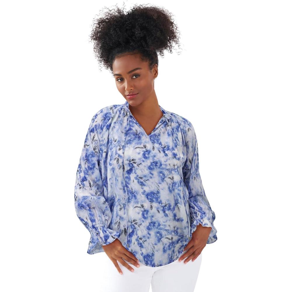 image:imageellos Plus Size Keyhole Ruffle Trim BlouseBlueberry Cream Floral