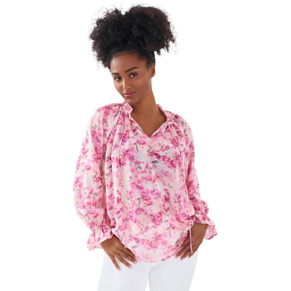 image:imageellos Plus Size Keyhole Ruffle Trim BlousePale Blush Floral