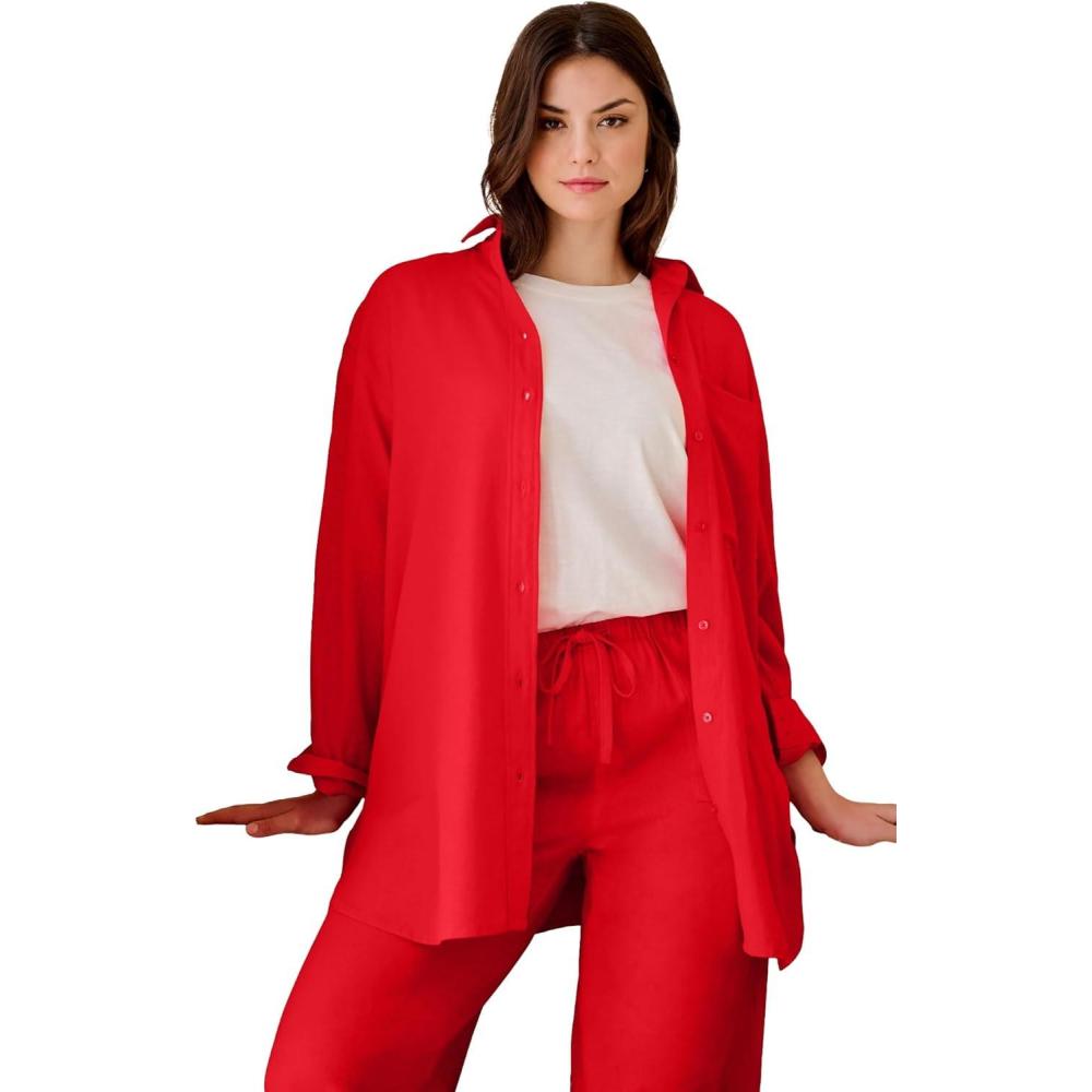 image:imageellos Plus Size Oversized LinenBlend Boyfriend ShirtHot Red
