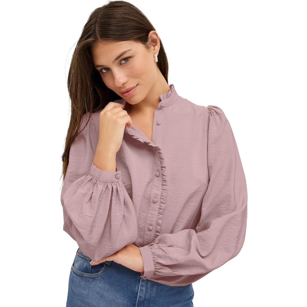 image:imageellos Plus Size Ruffle Trim Button Front BlouseMauve Blush