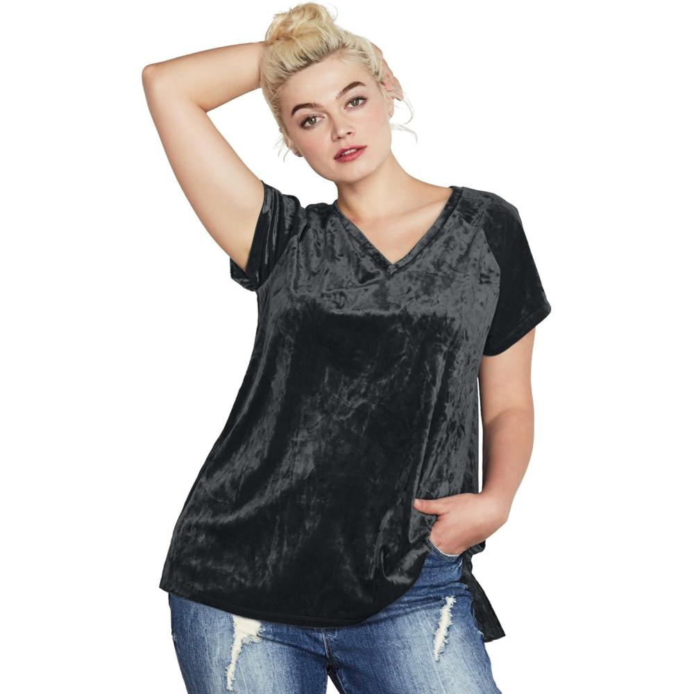 image:imageellos Plus Size Stretch Crushed Velour VNeck Short Sleeve TeeBlack