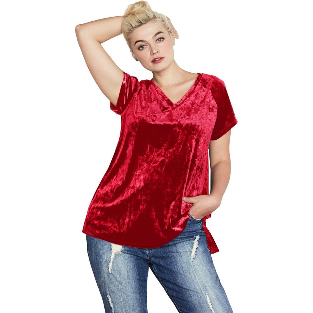 image:imageellos Plus Size Stretch Crushed Velour VNeck Short Sleeve TeeClassic Red