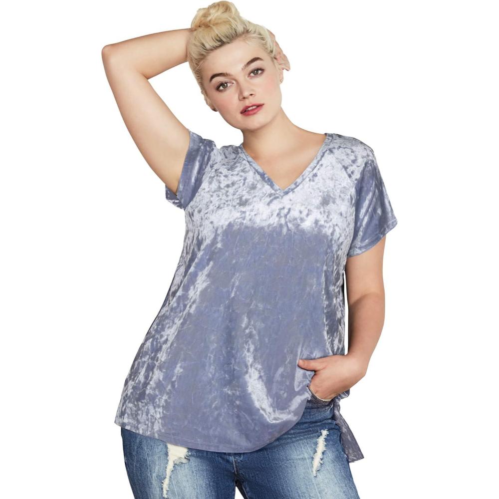 image:imageellos Plus Size Stretch Crushed Velour VNeck Short Sleeve TeeDusty Cornflower