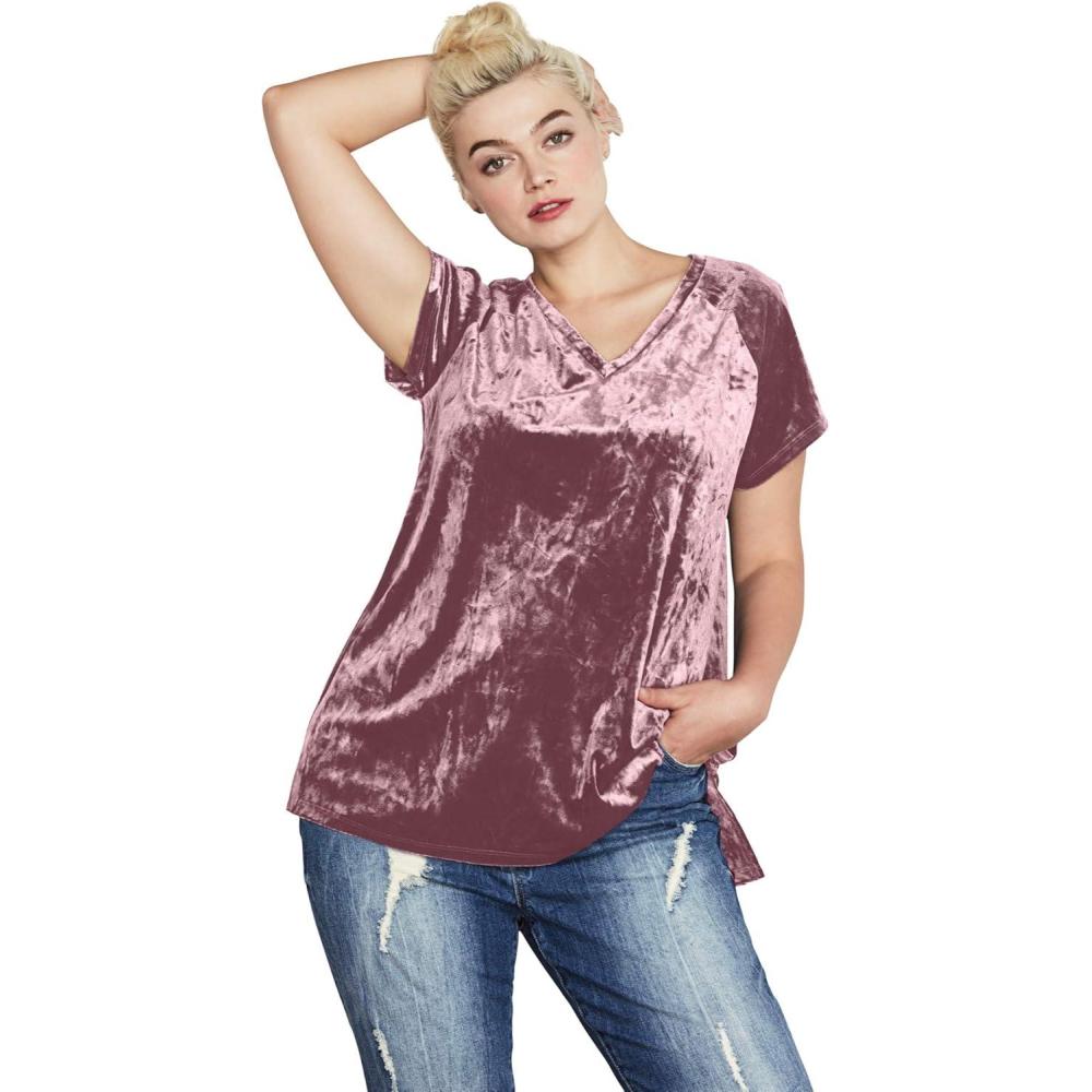 image:imageellos Plus Size Stretch Crushed Velour VNeck Short Sleeve TeeDusty Pink
