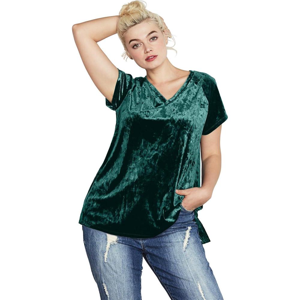 image:imageellos Plus Size Stretch Crushed Velour VNeck Short Sleeve TeeEmerald Green