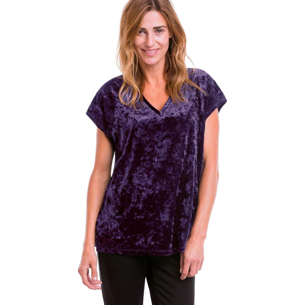 image:imageellos Plus Size Stretch Crushed Velour VNeck Short Sleeve TeeMidnight Violet