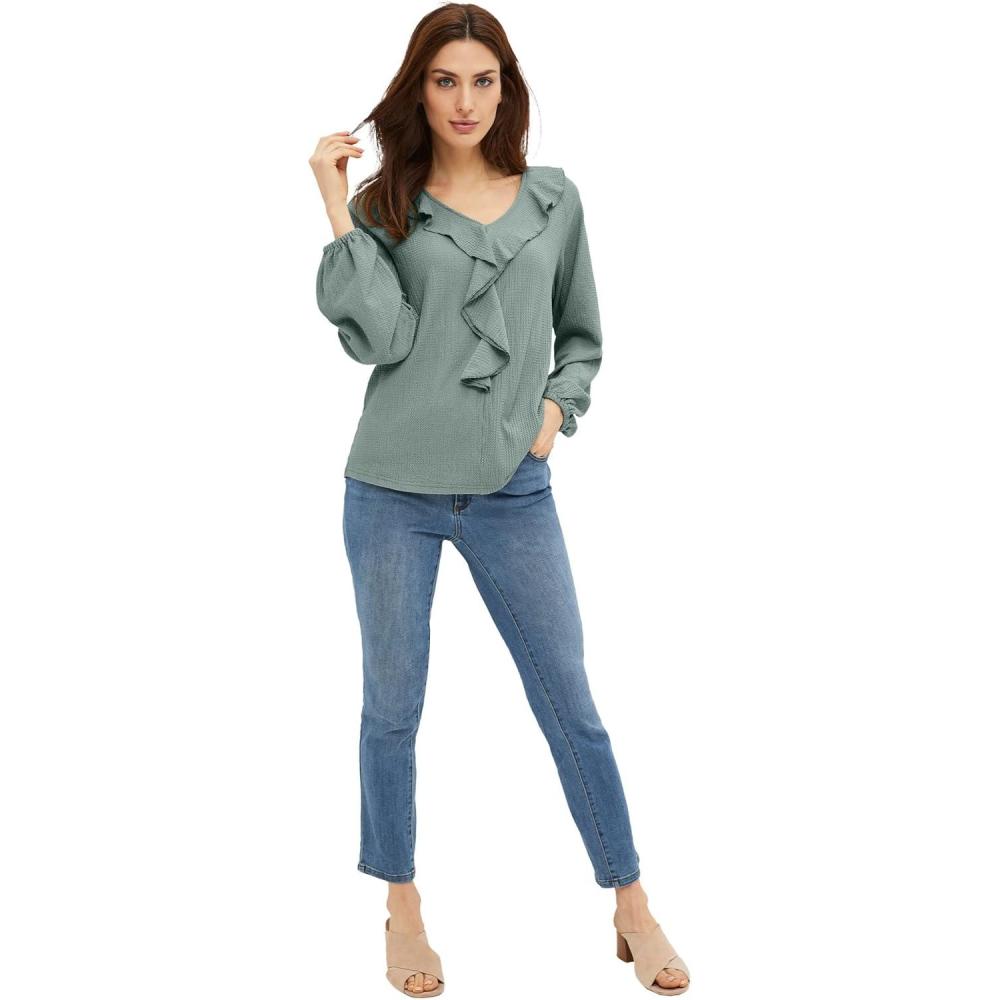 image:imageellos Plus Size Stretch Textured Knit VNeck Ruffle Front TopGrey Spruce
