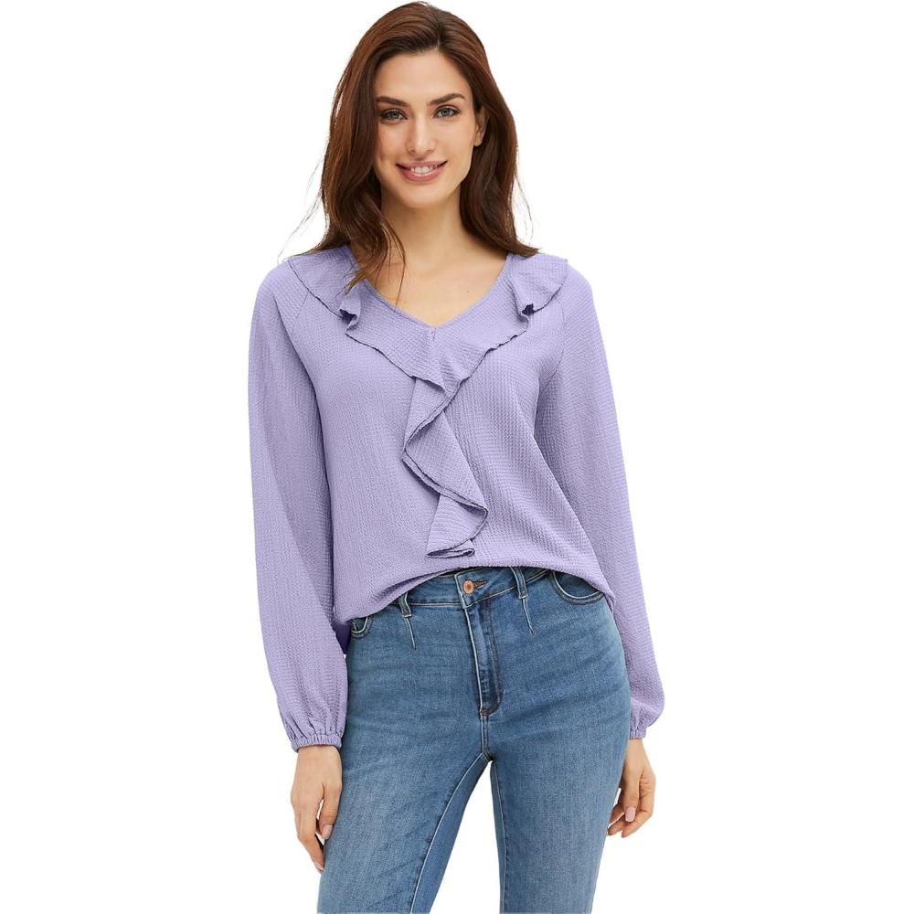 image:imageellos Plus Size Stretch Textured Knit VNeck Ruffle Front TopLavender