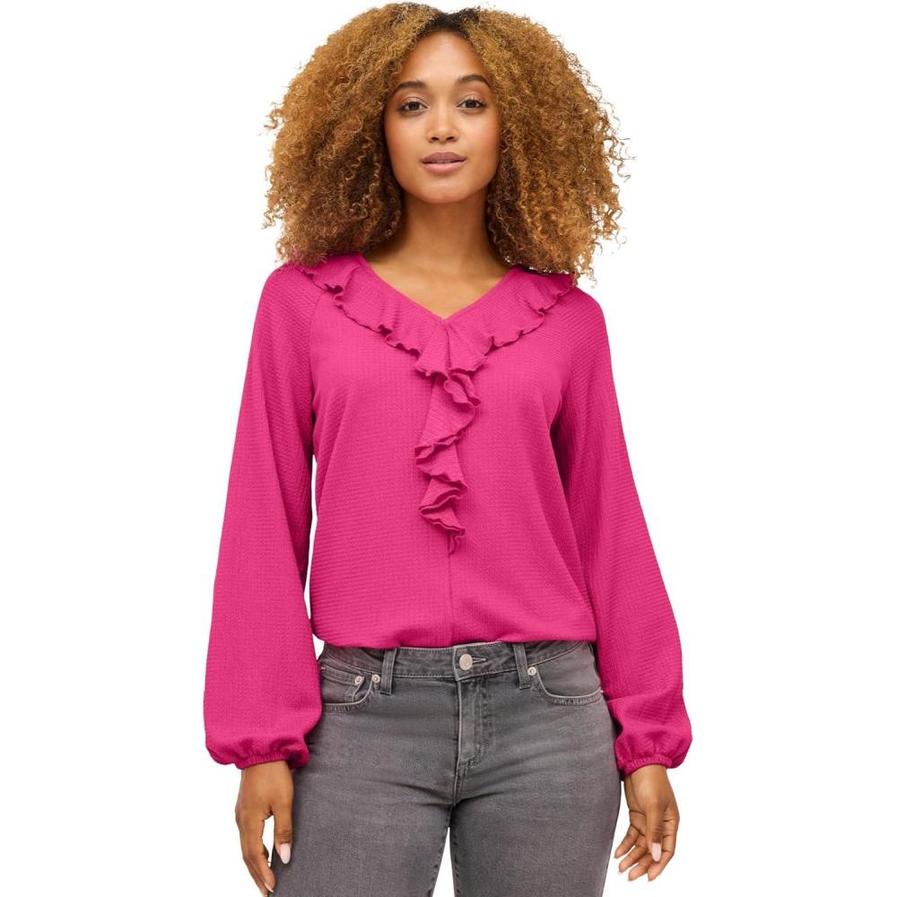 image:imageellos Plus Size Stretch Textured Knit VNeck Ruffle Front TopRaspberry Sorbet