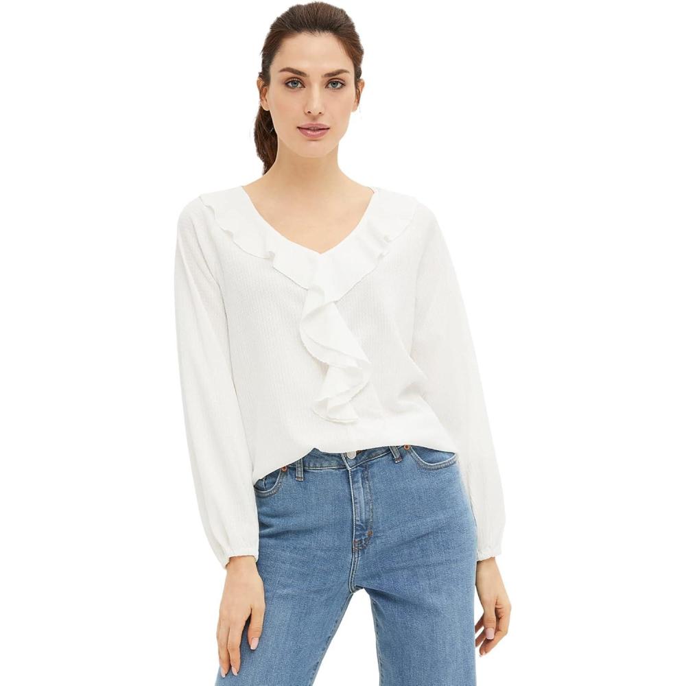 image:imageellos Plus Size Stretch Textured Knit VNeck Ruffle Front TopWhite