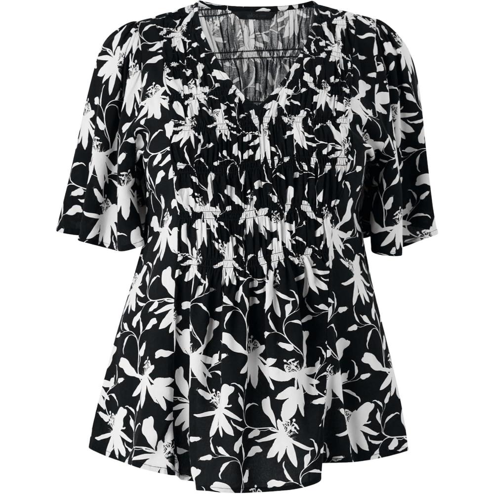 image:imageellos Plus Size VNeck ALine Blouse with Smocked BodiceBlack White Print