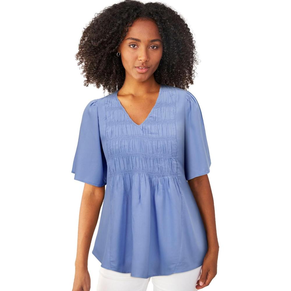 image:imageellos Plus Size VNeck ALine Blouse with Smocked BodiceBlue Iris