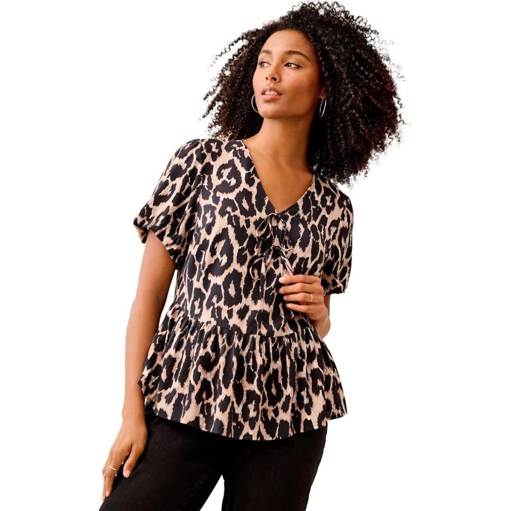 image:imageellos Plus Size VNeck Flounce Hem Blouson Sleeve BlouseBeige Black Leopard