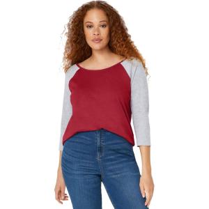 ellos Plus Size Colorblock 3/4 Sleeve Tee(Maroon Red Heather Grey)