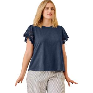 ellos Plus Size Eyelet Cap Sleeve Tee(Navy)