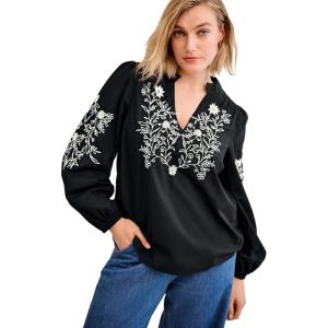 ellos Plus Size Notch V-Neck Contrast Embroidery Blouse(Black Ivory)