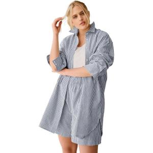 ellos Plus Size Oversized Linen-Blend Boyfriend Shirt(Navy White Stripe)