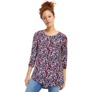 ellos Plus Size Stretch Knit Scoop Neck 3/4 Sleeve Curved Hem Tunic(Navy Red Ditsy Floral)
