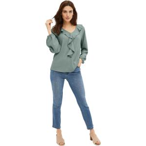 ellos Plus Size Stretch Textured Knit V-Neck Ruffle Front Top(Grey Spruce)