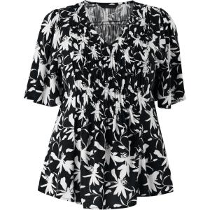 ellos Plus Size V-Neck A-Line Blouse with Smocked Bodice(Black White Print)