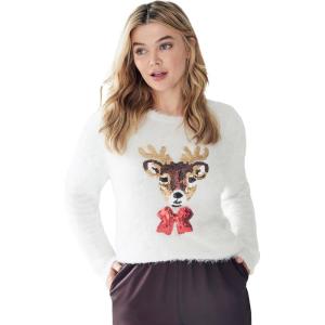 ellos Plus Size Embellished Eyelash Pullover Sweater(White)