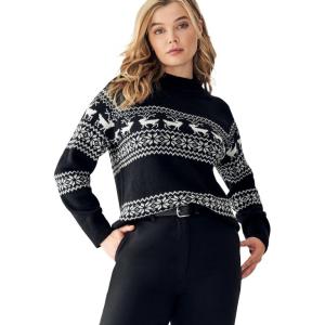 ellos Plus Size Fair Isle Mock Neck Sweater(Black)