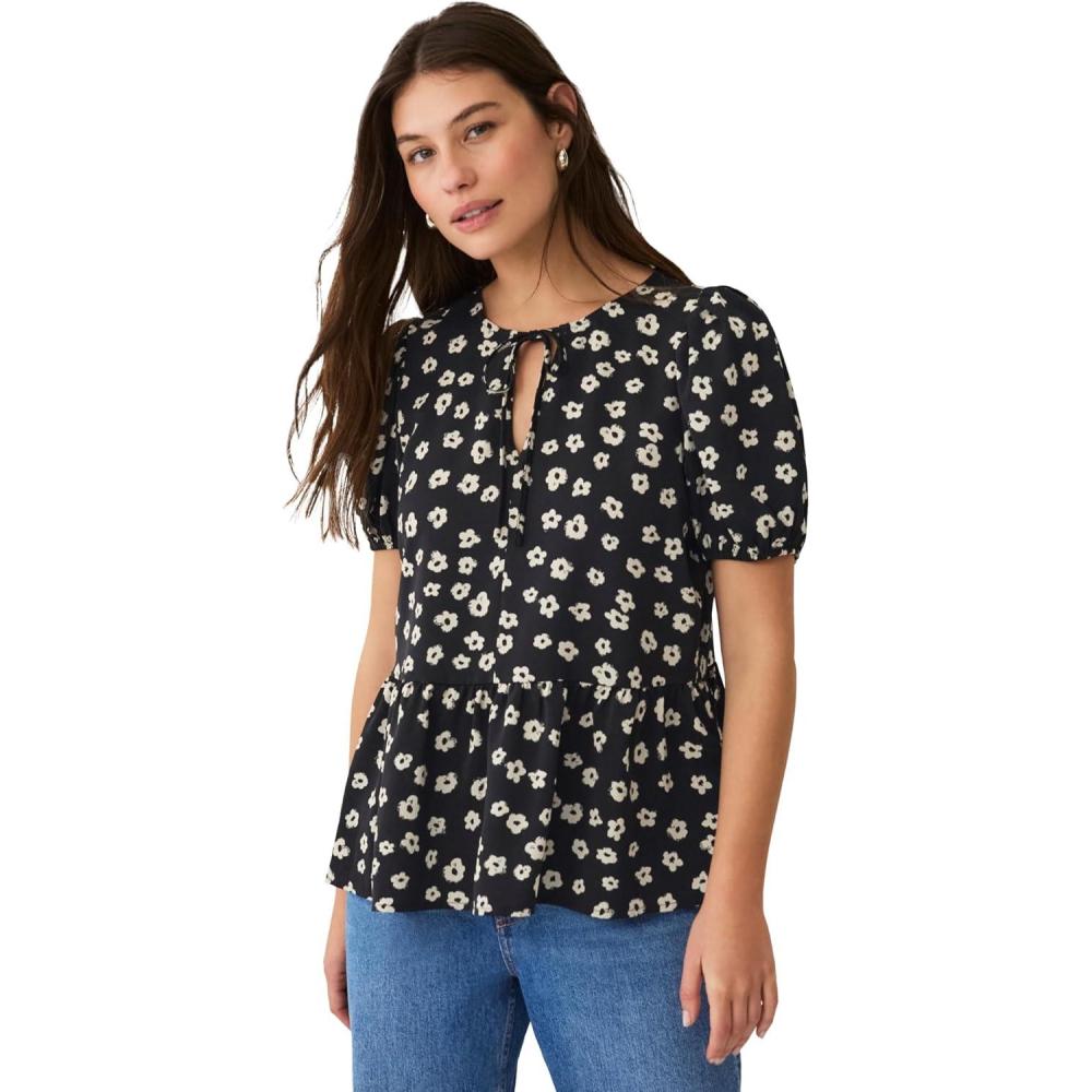 image:imageellos Plus Size Sleeve Peplum Hem BlouseBlack Ivory Floral
