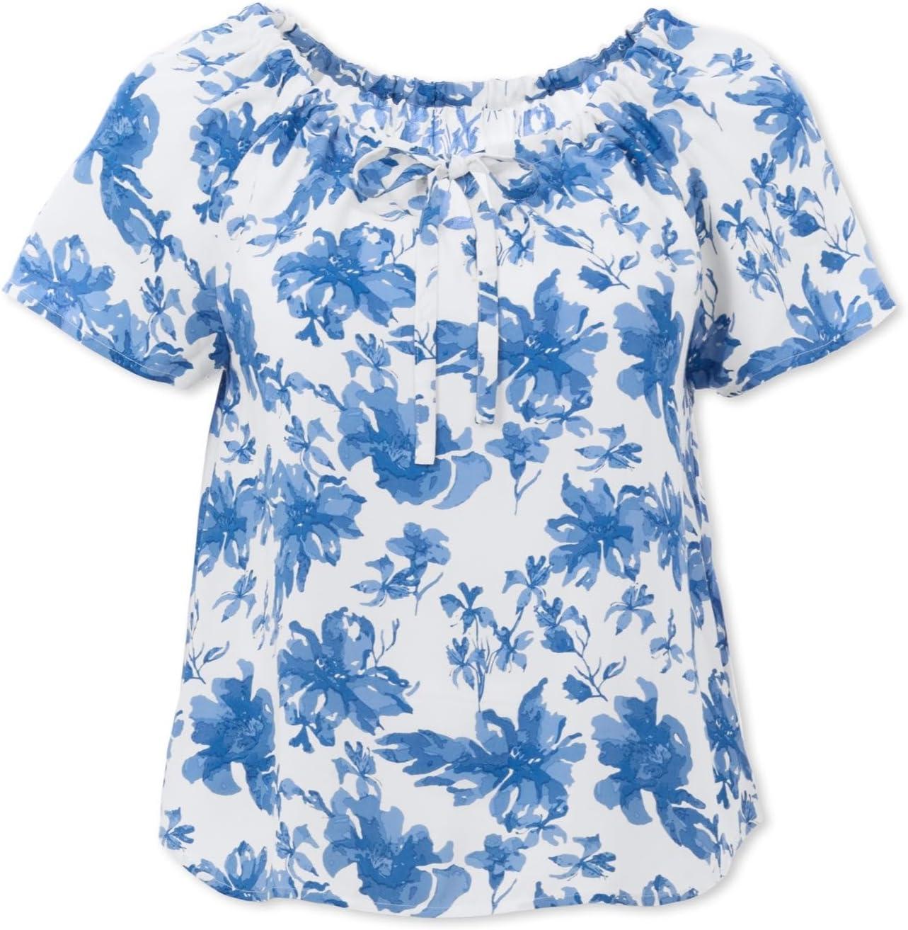 image:imageellos Plus Size Keyhole Peasant BlouseWhite Blue Floral