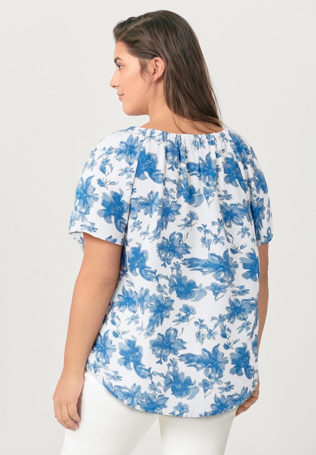 image:imageellos Plus Size Keyhole Peasant BlouseWhite Blue Floral