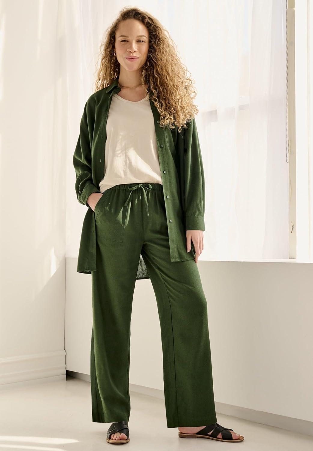image:imageellos Plus Size LinenBlend Drawstring Elastic Waist PantsNavy White Stripe