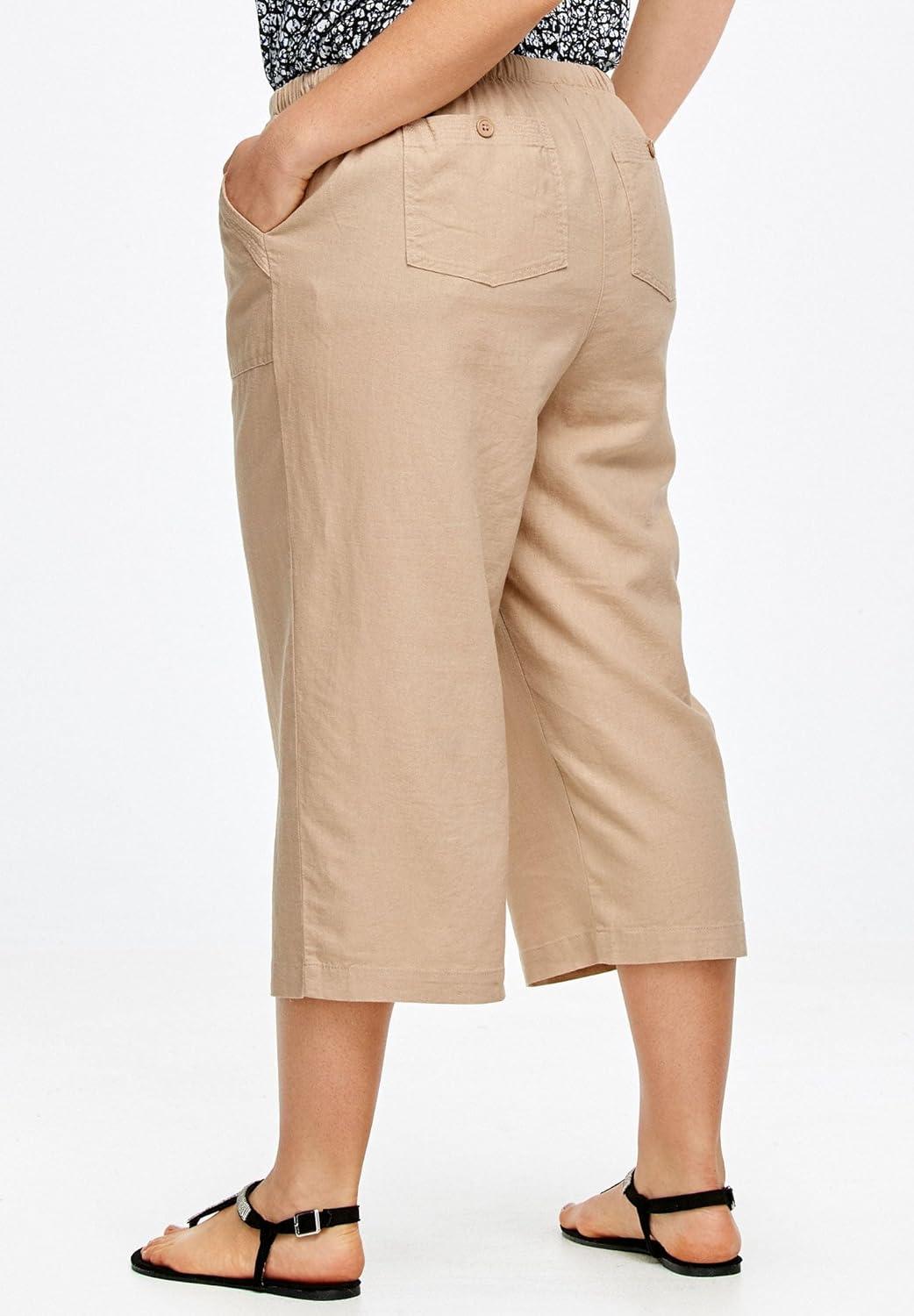 image:imageellos Plus Size LinenBlend Drawstring Elastic Waist Relaxed Fit CaprisHot Red