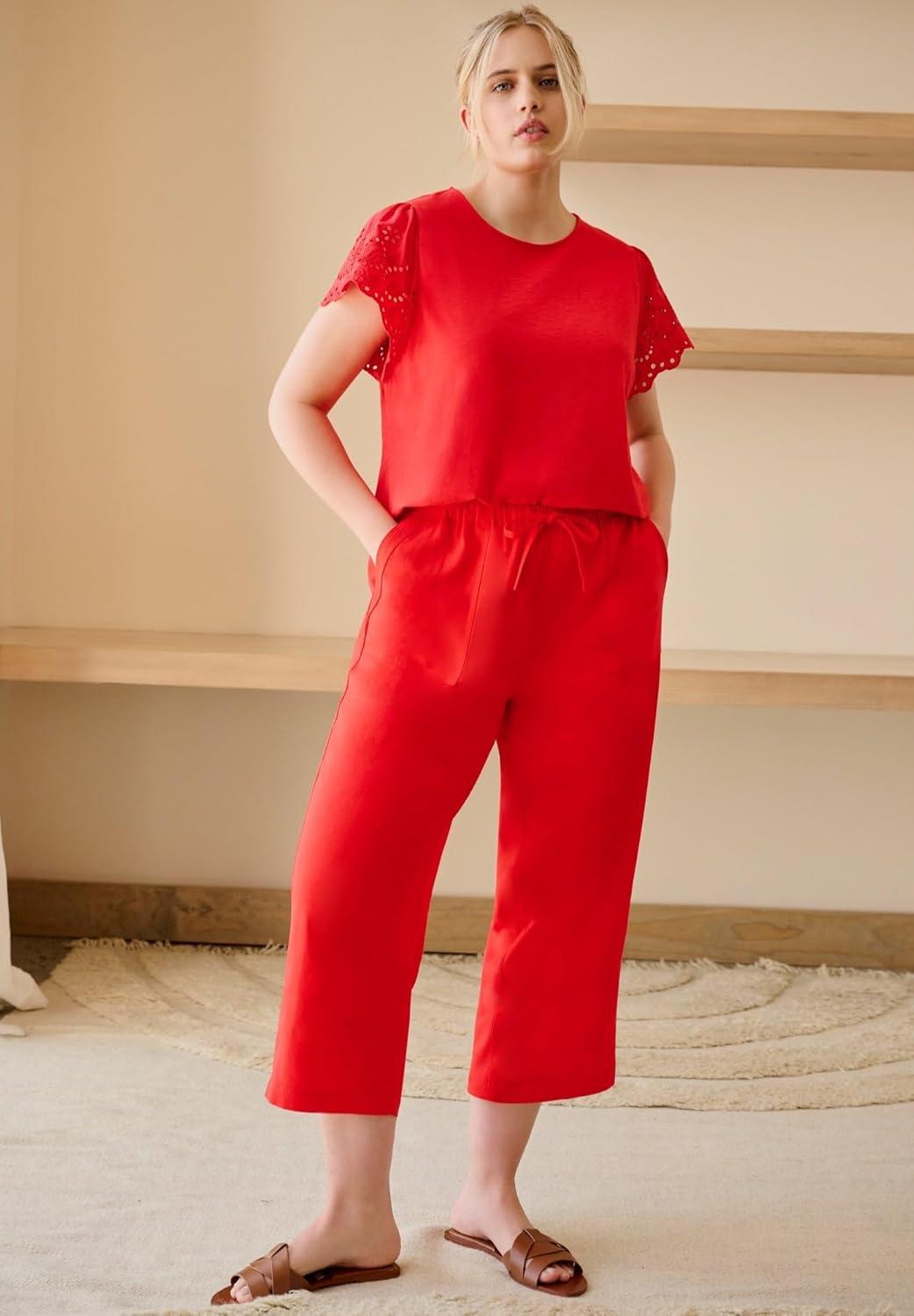 image:imageellos Plus Size LinenBlend Drawstring Elastic Waist Relaxed Fit CaprisHot Red