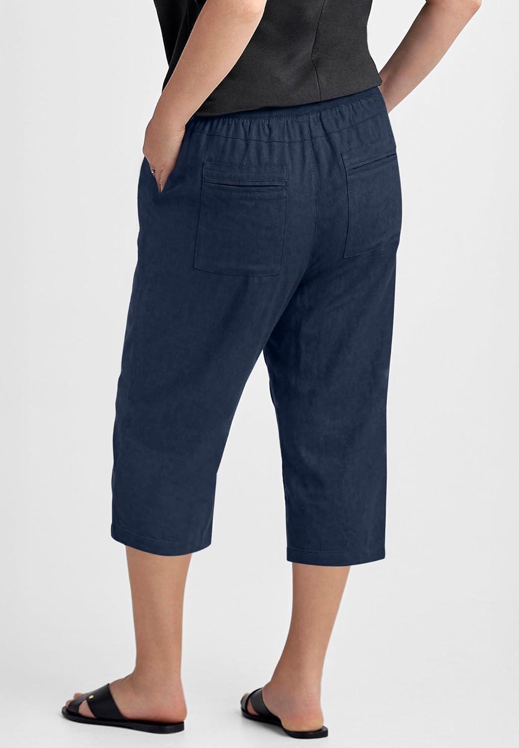 image:imageellos Plus Size Ribbed Elastic Waist LinenBlend CaprisNavy