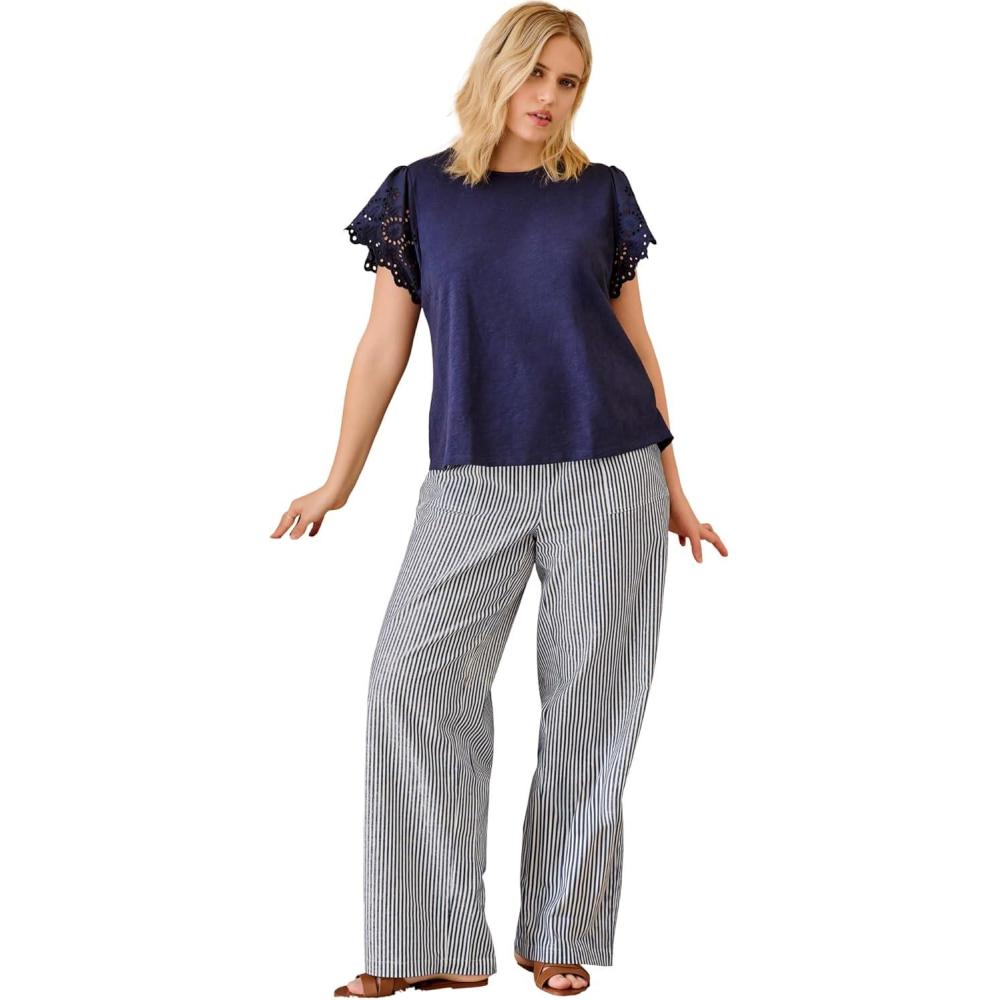 image:imageellos Plus Size LinenBlend Drawstring Elastic Waist PantsNavy White Stripe