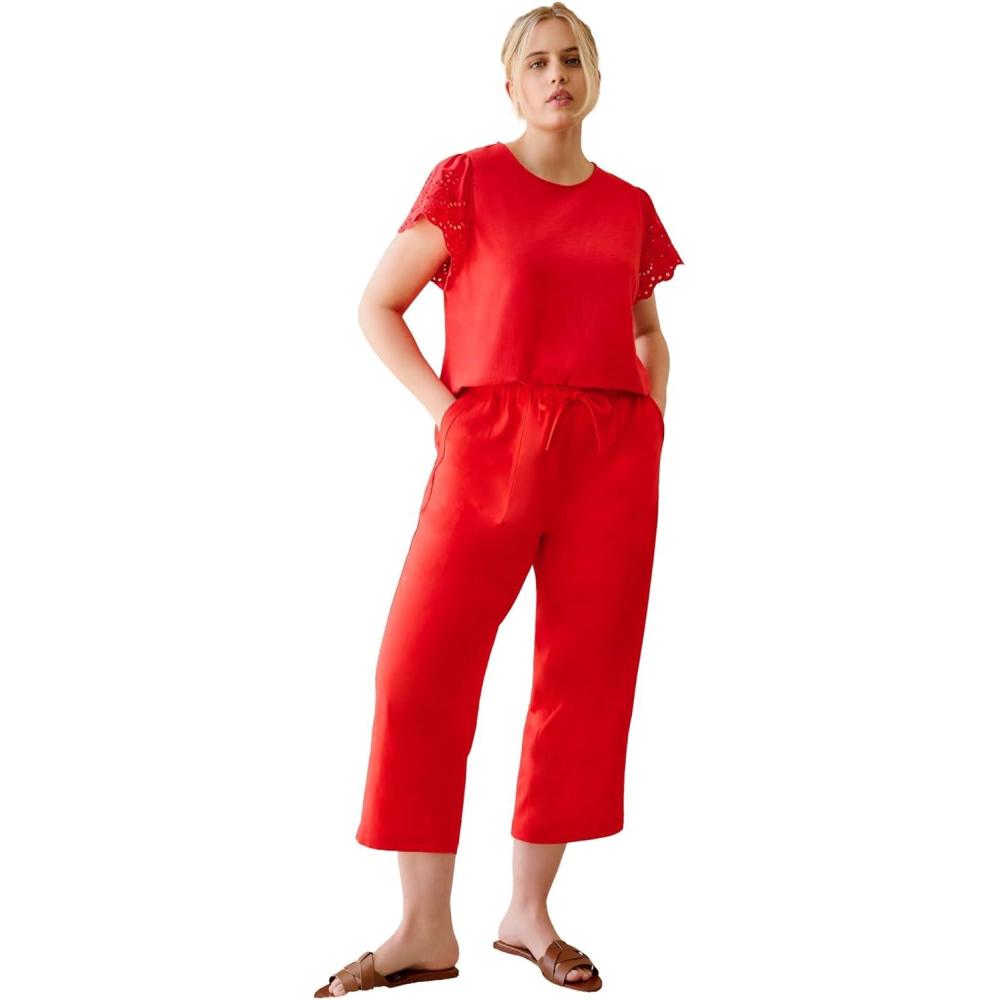 image:imageellos Plus Size LinenBlend Drawstring Elastic Waist Relaxed Fit CaprisHot Red