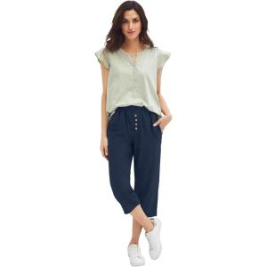 ellos Plus Size Ribbed Elastic Waist Linen-Blend Capris(Navy)