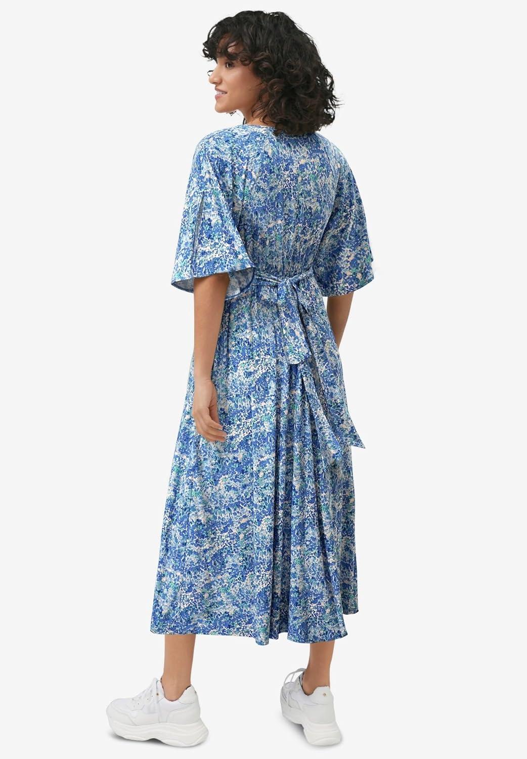 image:imageellos Plus Size Knit Midi Dress with Surplice Neckline amp Waist TieAqua Multi Print